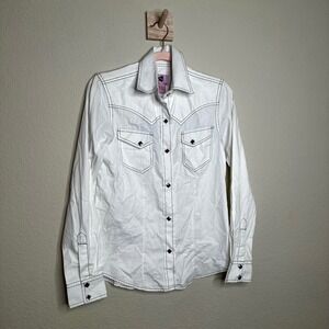 VTG Y2K Wired Heart White Western Snap Shirt Black Contrast Stitch Small
